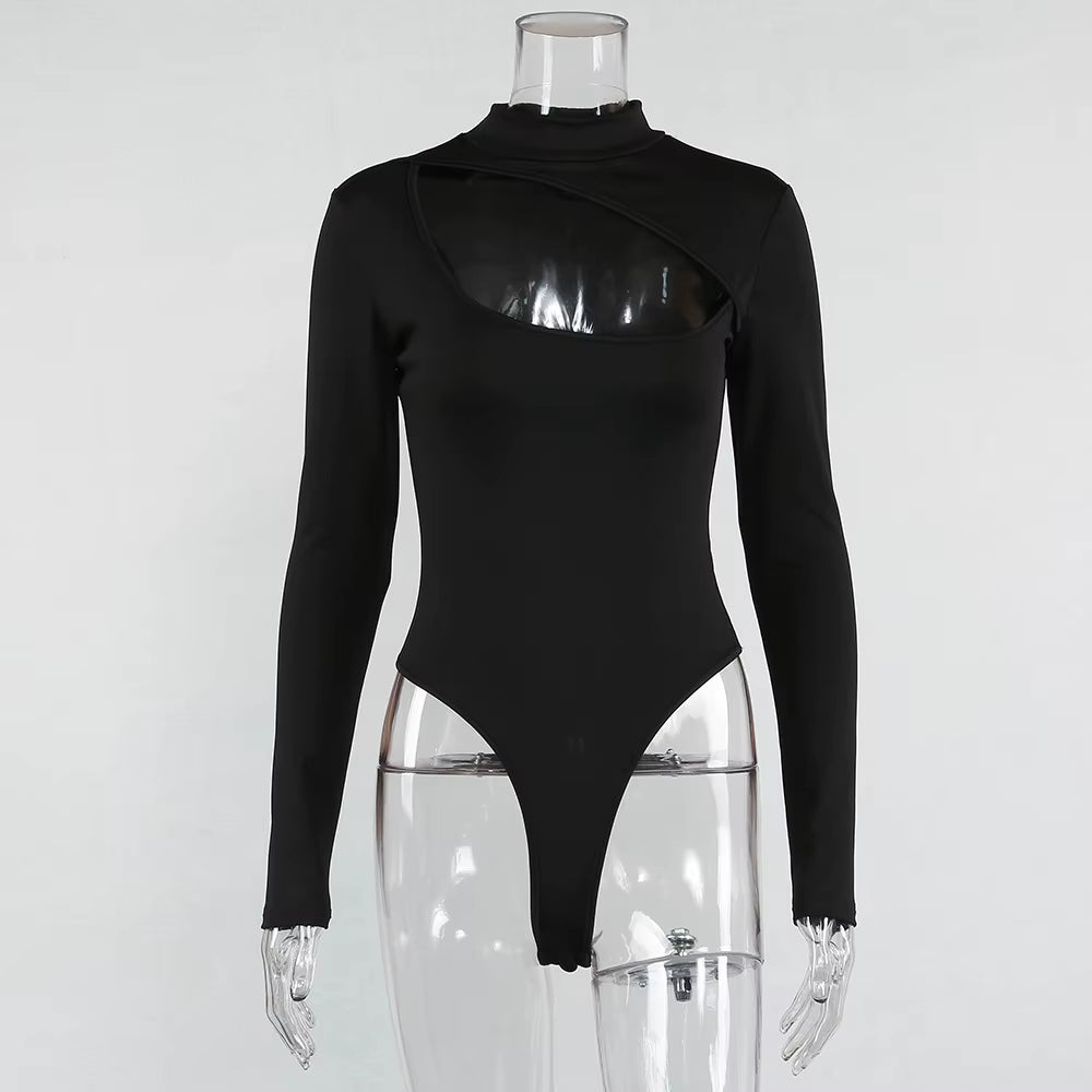 Black Turtleneck Women‘S Bodysuit 2019 Autum Sexy Hollow Out Long Sleeve Bodysuit Casual Rompers Solid Color Slim Jumpsuit Body