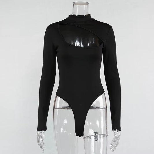 Black Turtleneck Women‘S Bodysuit 2019 Autum Sexy Hollow Out Long Sleeve Bodysuit Casual Rompers Solid Color Slim Jumpsuit Body