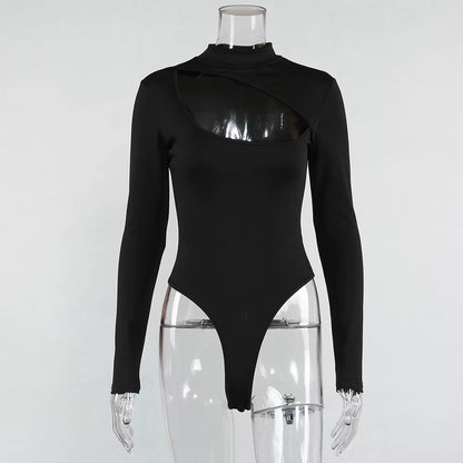 Black Turtleneck Women‘S Bodysuit 2019 Autum Sexy Hollow Out Long Sleeve Bodysuit Casual Rompers Solid Color Slim Jumpsuit Body